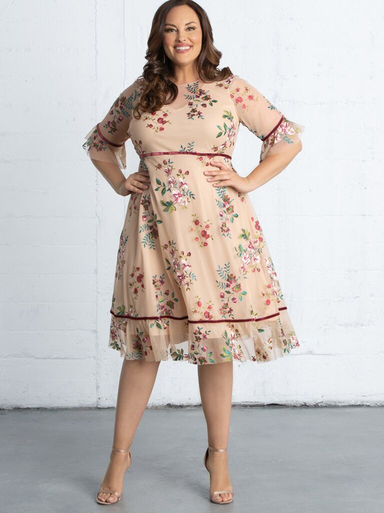 Kiyona plus-size short floral dress for wedding guests with floral embroidery and velvet trim