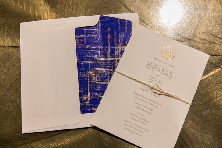 The bright blue and gold invitations set the tone for an elegant yet laid-back wedding. “We wanted everything to be beautiful but without feeling stuffy,” Marla says.