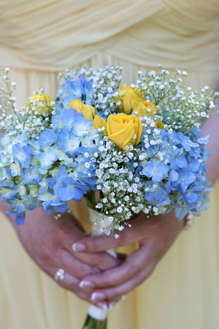 Blue and Yellow Hydrangea, Rose and Baby's Breath Bouquet