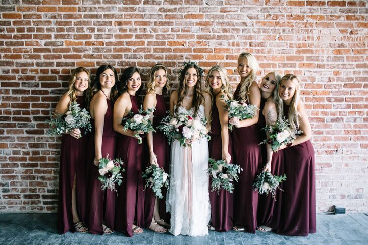 "I found my dress first and then created the rest of the attire from the style and look of it," Emily says of the merlot bridesmaid dresses, which fit her palette and design aesthetic.
