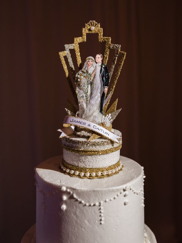 Art Deco wedding cake topper with vintage 1920's inspired bride and groom figurines