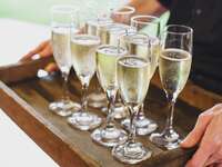 Rustic wooden catering tray for champagne wedding toast