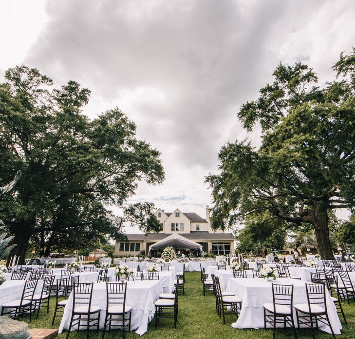 The newlyweds had their reception under two huge oak trees at the bride's parent's home.