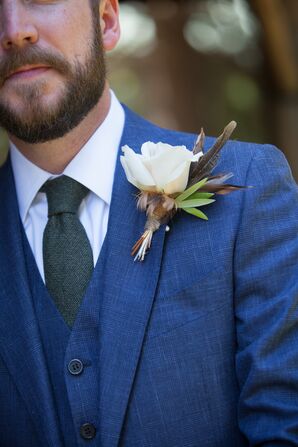 Bird Feather and White Rose Boutonniere