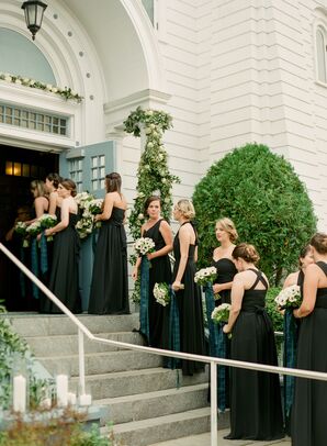 Bridesmaids in Black Dresses Holding Bouquets with Plaid Ribbon