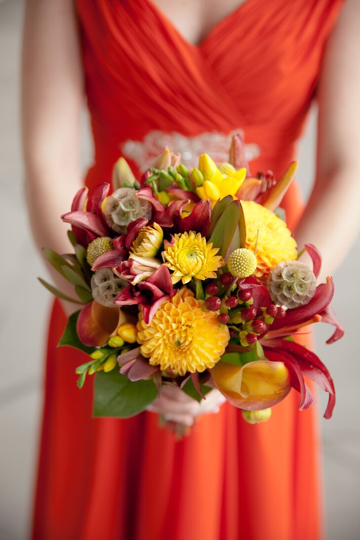 Yellow Dahlia, Craspedia and Scabiosa Bridesmaid Bouquet