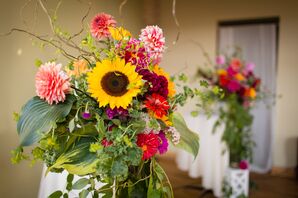 Yellow Sunflower, Pink Dahlia Wedding Altar Decor
