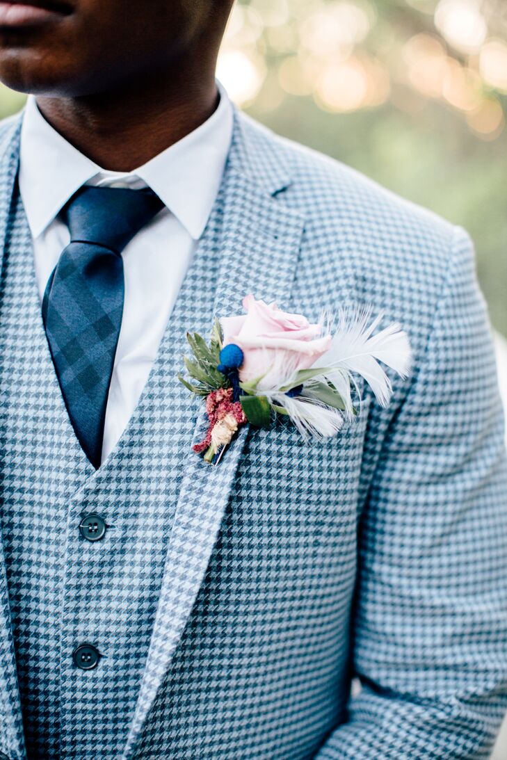 Blue Houndstooth Suit with Rose and Feather Boutonniere