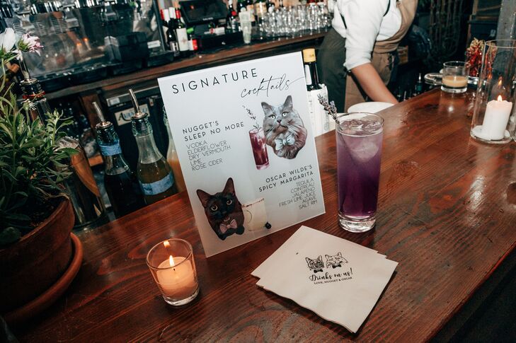 Signature Cocktail Menu With Custom Illustrations of Couple's Cats, Bar Drinks