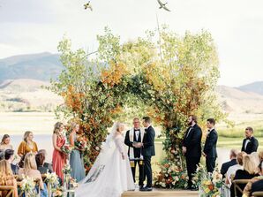 Wedding Ceremony With Rustic Arch at Chaparral Ranch in Aspen, Colorado