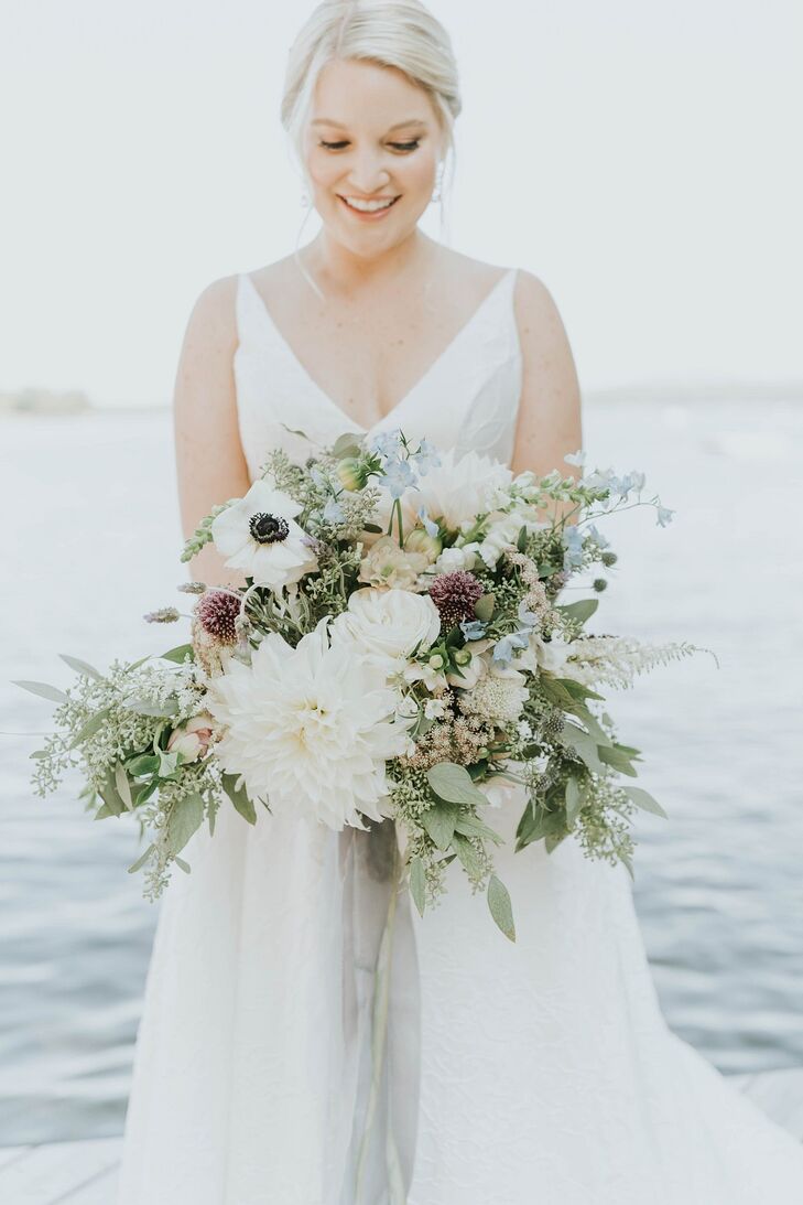 Bridal Bouquet of Dahlias, Ranunculus, Roses, Lavender and Seeded Eucalyptus