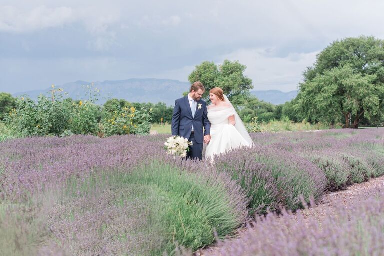 Bride and groom portraits in lavender field
