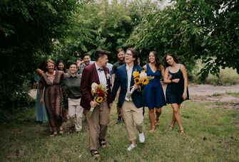 Wedding guests dressed for a semi-formal summer wedding. 