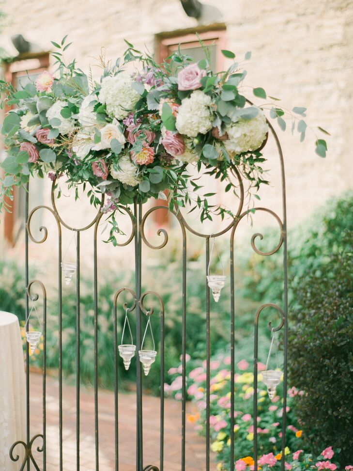 Full Hydrangea, Eucalyptus and Rose Trellis Arrangement
