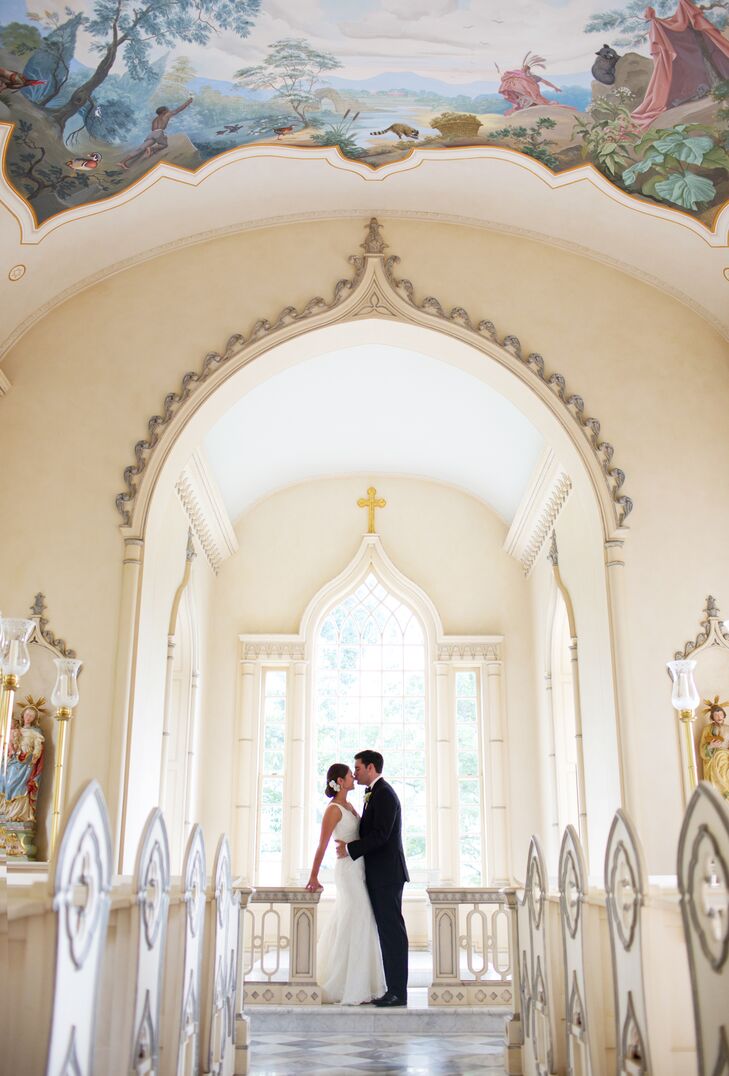 The couple’s first look took place in the beautiful chapel on Trump Winery’s grounds.