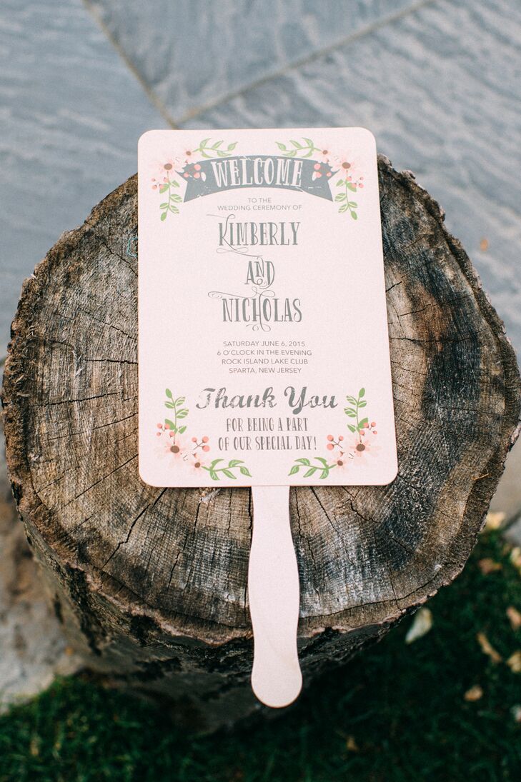 Now this was a chic way to bring in a natural setting. Kim and Nick found their neutral ceremony fans through an Etsy.com designer and personalized each detail. Its olive branch and pink flower-inspired border highlighted their venue while the distressed gray fonts alluded to the vintage, romantic wedding style.