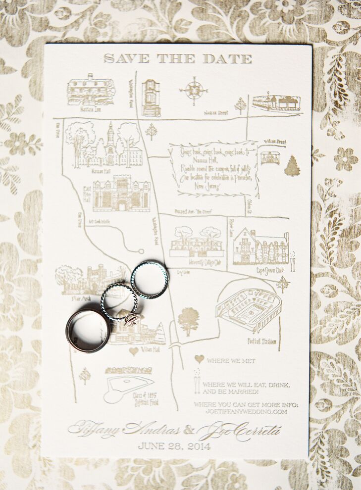 “Our custom save-the-dates were my favorite,” Tiffany says. “We had an artist sketch a map of Princeton with drawings of our favorite personal landmarks, including the spots where we met on campus and where we would be getting married and the athletic fields where we both played for Princeton.” Each festive card from Magnificent Milestones fit their color scheme with gold detailing on a classic ivory background.