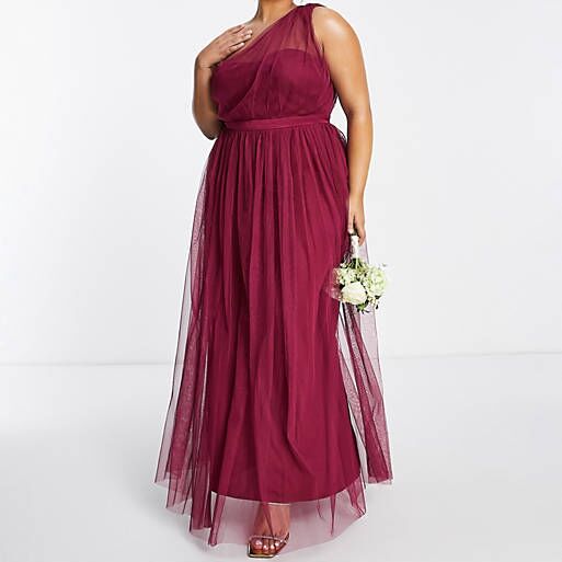 One shoulder mesh maxi dress in red plum from ASOS