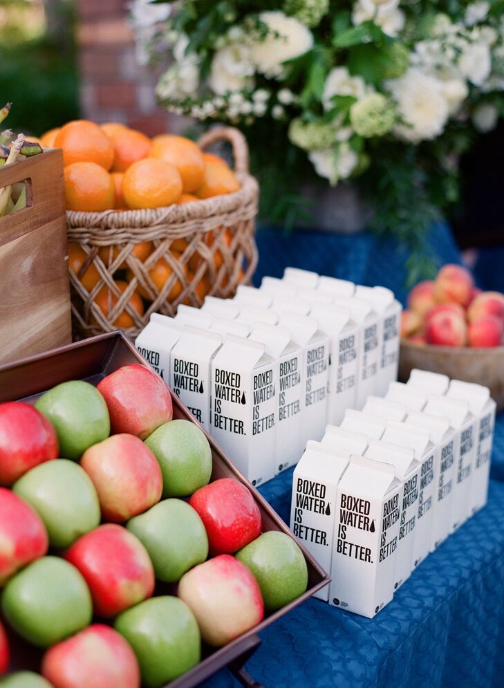 Local items included pistachios and fresh fruits, bottles of red and white Santa Barbara County wine, hangover kits, Boxed Water and Karen Kane fedoras (Michael's mother's company). "The greatest part is the lounge can be elaborate or simple," Kolvet says. "We received rave reviews from guests."