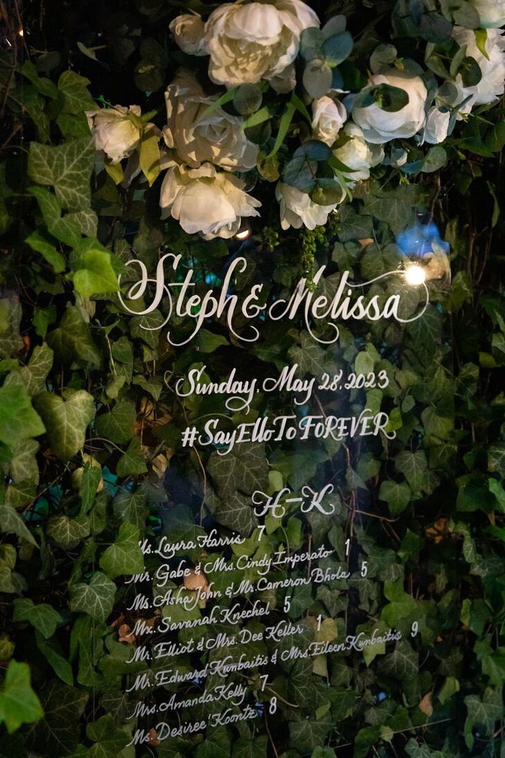 Clear, Calligraphy Seating Chart With White Writing, Greenery Backdrop for NYC Wedding