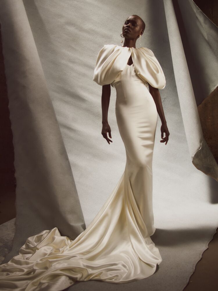 Danielle Frankel silk wool wedding dress with draped tulip sleeves