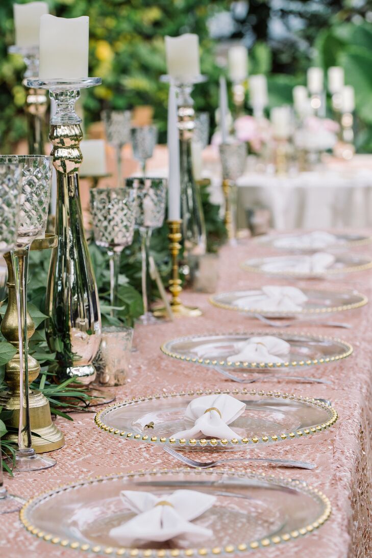 A pink sequined linen spiced up the head table while the other tables wore champagne-colored linens.