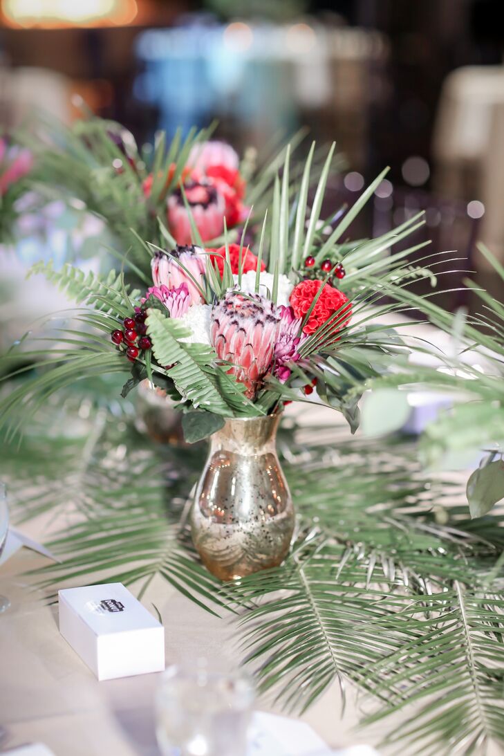 Tropical Centerpieces with Protea, Ferns and Palm Leaves