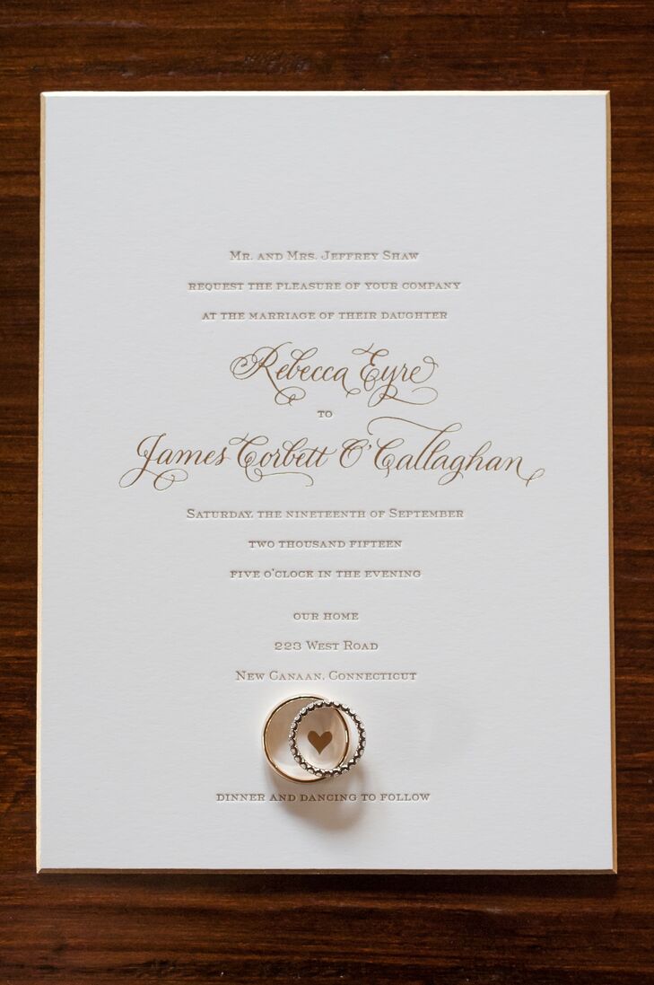 To set the tone for the elegant affair in New Canaan, Connecticut, Rebecca and James had the designers at Sugar Paper create custom, classic invitations with gold script and ivory card stock with champagne trim. Letterpress detailing played up the stationery’s formal feel, while a heart motif and curly calligraphy added a subtle note of whimsy.