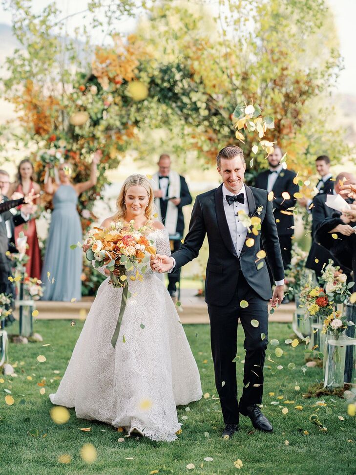 Guests tossed dried Aspen leaves as Haley and Jason exited the wedding ceremony.