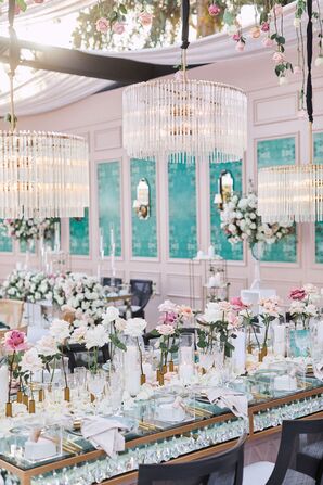 Glam Pink-and-Teal Wedding Reception With Crystal Chandeliers
