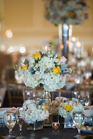 Hydrangea, Rose, Dusty Miller Centerpieces
