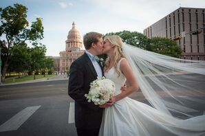 Classic White V-Neck Wedding Dress with Long Train and Veil