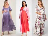 Collage of three maternity wedding guest dresses.
