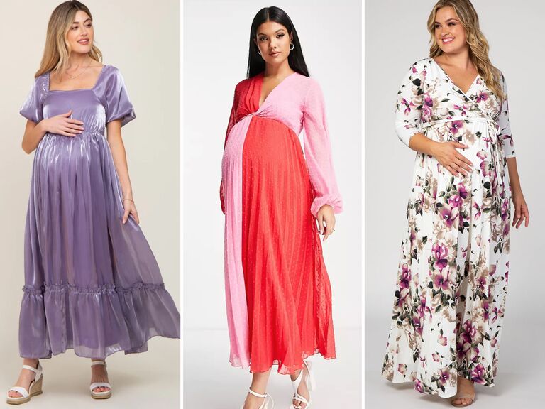 Collage of three maternity wedding guest dresses.