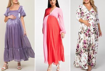 Collage of three maternity wedding guest dresses.