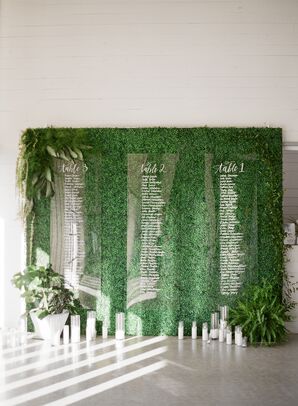 Greenery Wall With Lucite Escort Card Signage