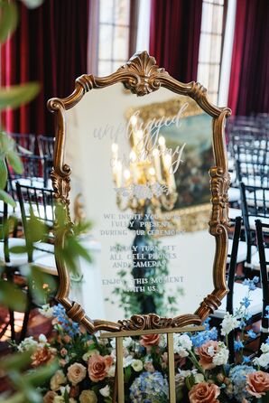 Decorative Mirror With Gold Rim, Unplugged Ceremony Sign in Castle Estate
