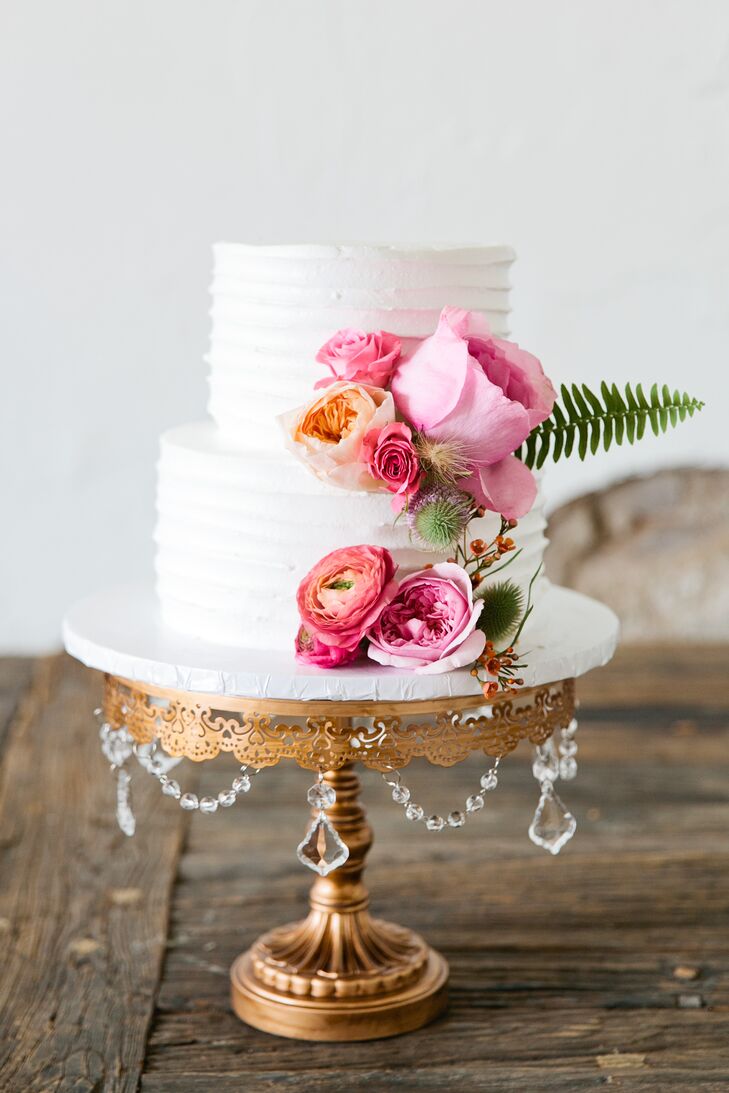 Pink Ranunculus and Rose Adorned Cake on Vintage Gold Stand