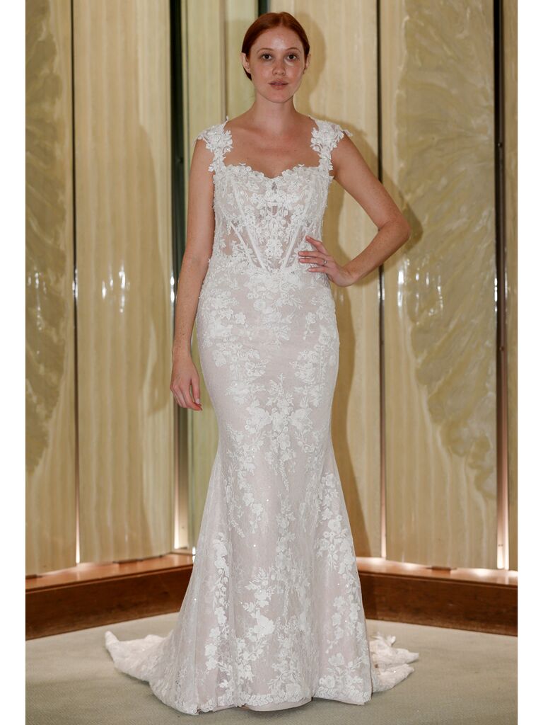 Randy Fenoli Fall 2019 Bridal Collection trumpet wedding dress with scalloped sleeves