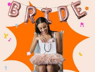 Graphic of bride opening up gifts at bridal shower