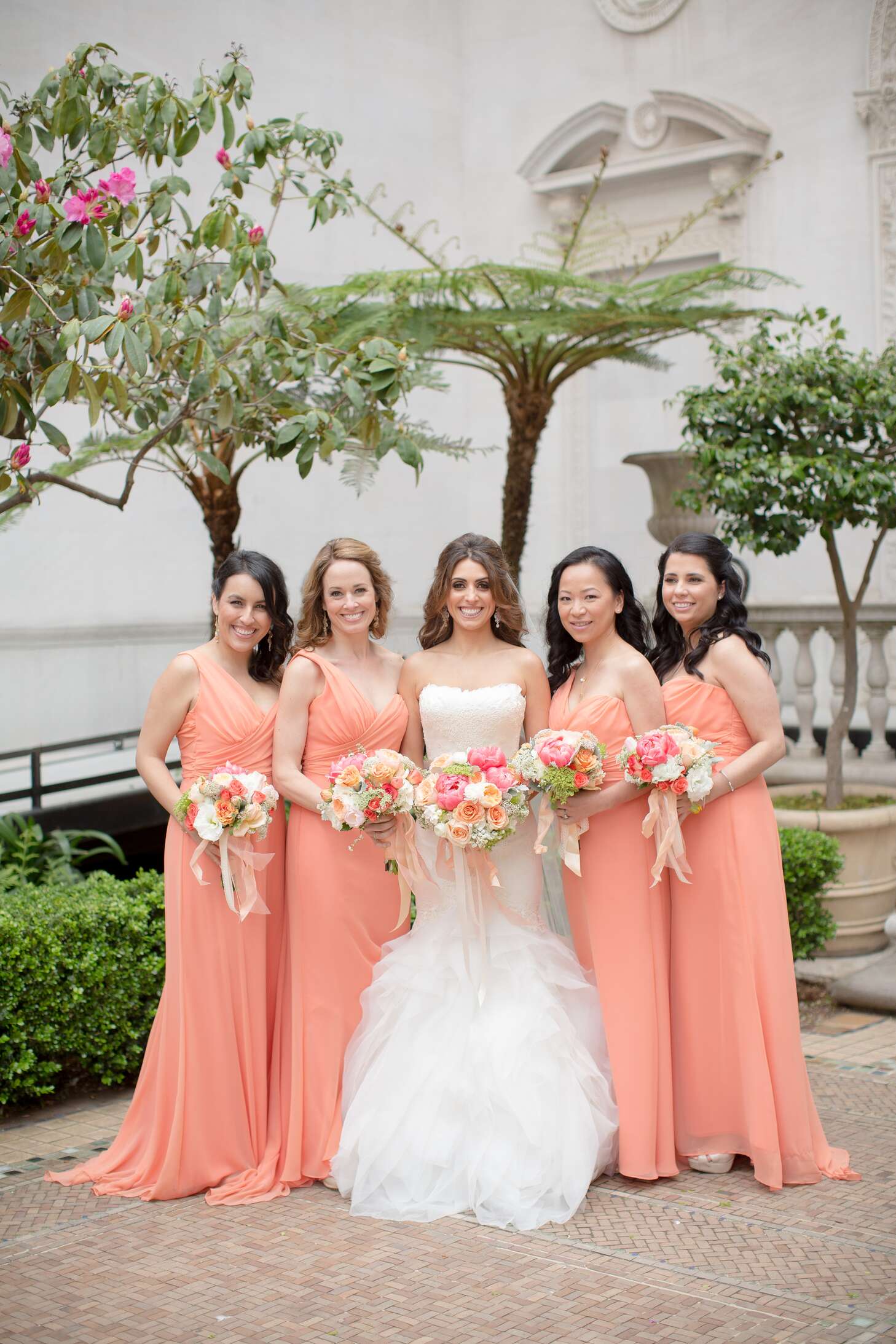 Peach-Colored Long Bridesmaid Dresses