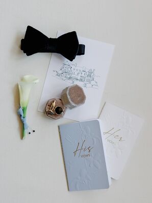 Vow Booklets and Groom's Accessories With Calla Lily Boutonniere and Venue Illustration