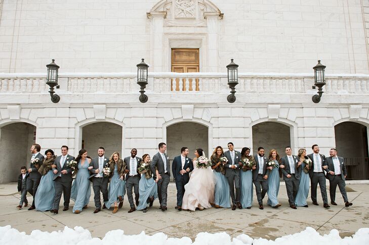Classic Wedding Party with Dark Gray Suits and Blue Bridesmaid Dresses