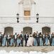 Classic Wedding Party with Dark Gray Suits and Blue Bridesmaid Dresses