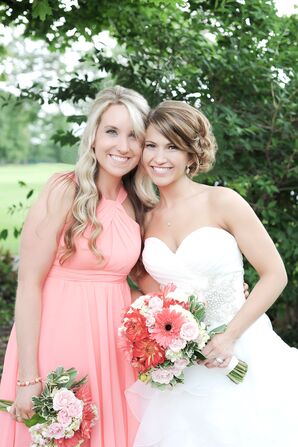 Bride and Matron of Honor in Coral Dress