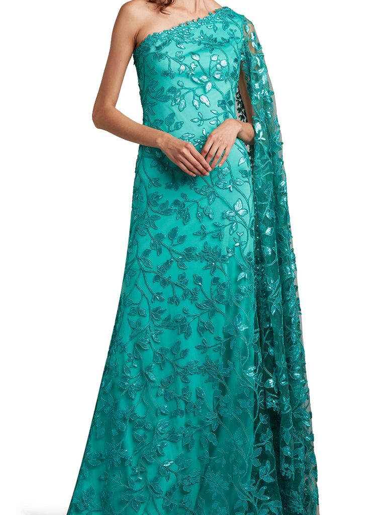 A one shoulder maxi gown with embroidered florals and a floor-length side cape from Nordstrom