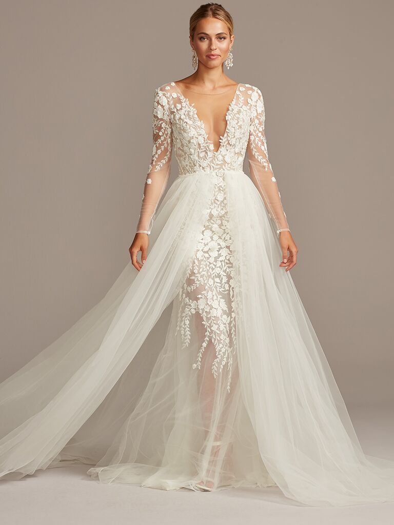Galina Signature lace A-line wedding dress with tulle skirt overlay