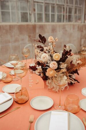 Coral-Hued Linens and Organic Floral Centerpiece