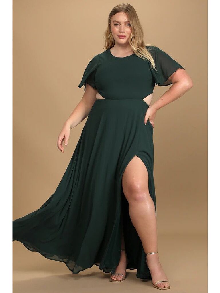 Emerald green cutout maxi winter wedding guest dress