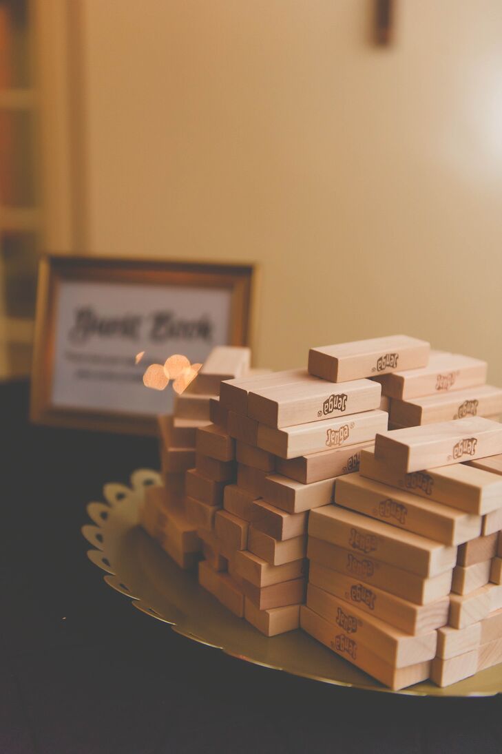 Instead of using a traditional guest book, Laurie and AJ asked guests to sign Jenga blocks for a fun twist.